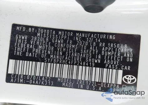 2015 Toyota Corolla Le Eco Premium from USA, damaged, VIN 5YFBPRHE4FP248419